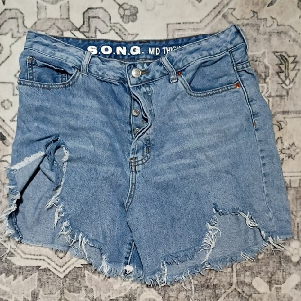S.O.N.G. Mid Rise Distressed Denim Shorts